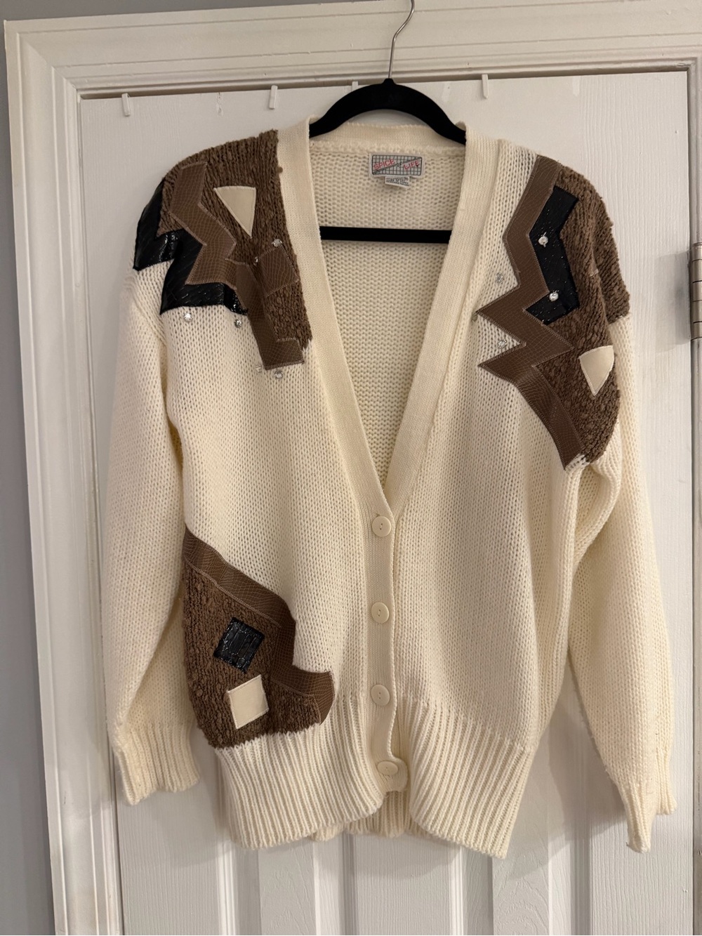 Vintage 80’s 90’s Spice of Life Cardigan with Faux Leather Appliqué/Rhinestones